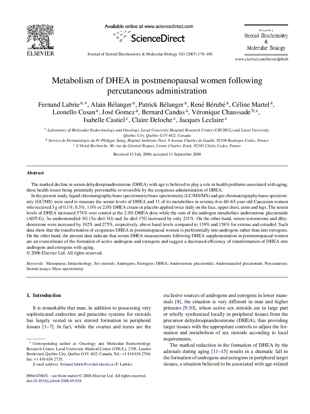 Metabolism of DHEA in postmenopausal women following percutaneous administration