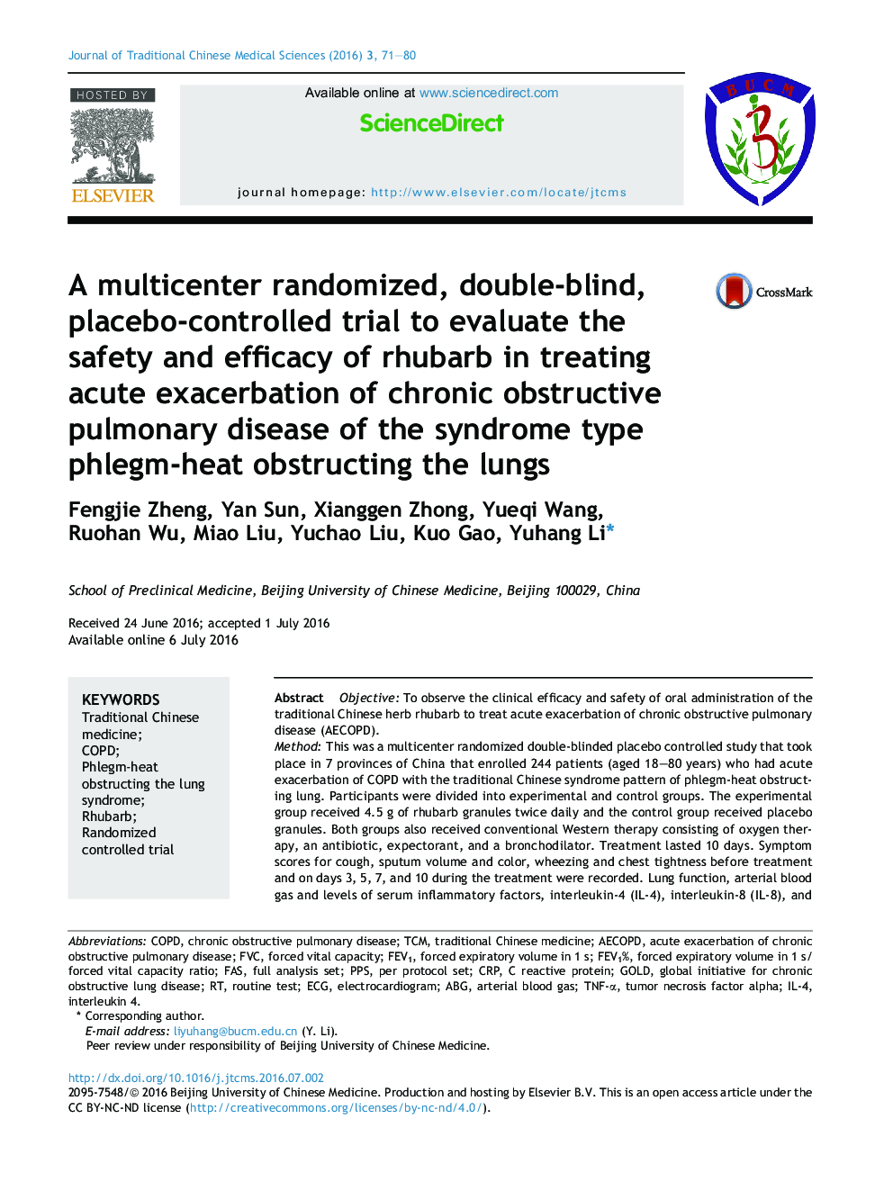 A multicenter randomized, double-blind, placebo-controlled trial to evaluate the safety and efficacy of rhubarb in treating acute exacerbation of chronic obstructive pulmonary disease of the syndrome type phlegm-heat obstructing the lungs 