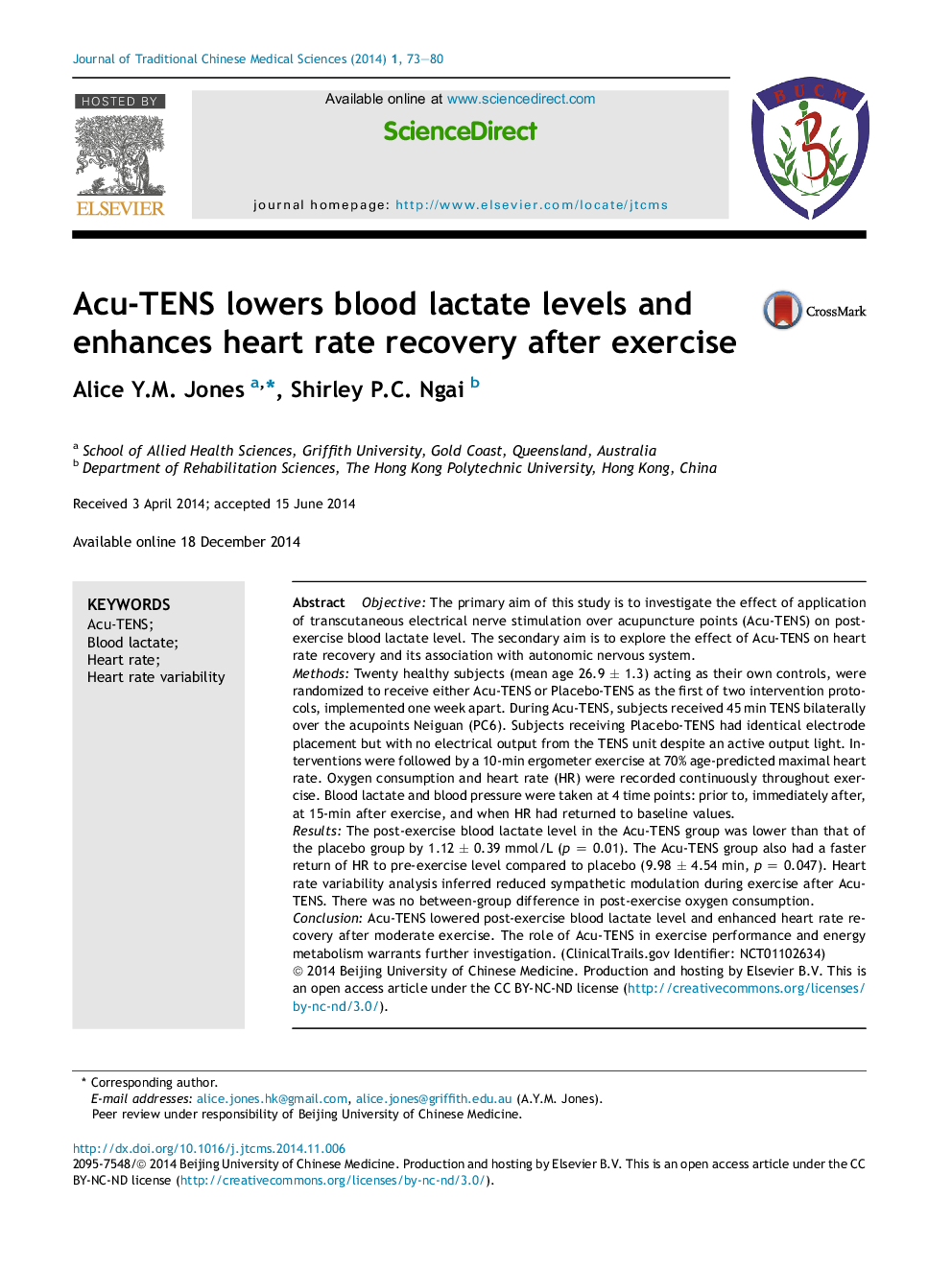 Acu-TENS lowers blood lactate levels and enhances heart rate recovery after exercise 