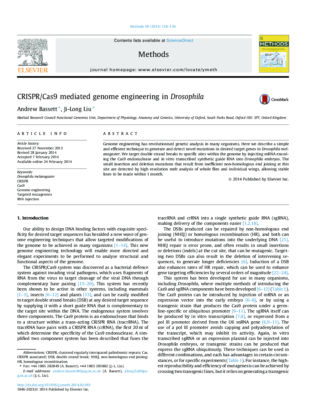 CRISPR/Cas9 mediated genome engineering in Drosophila