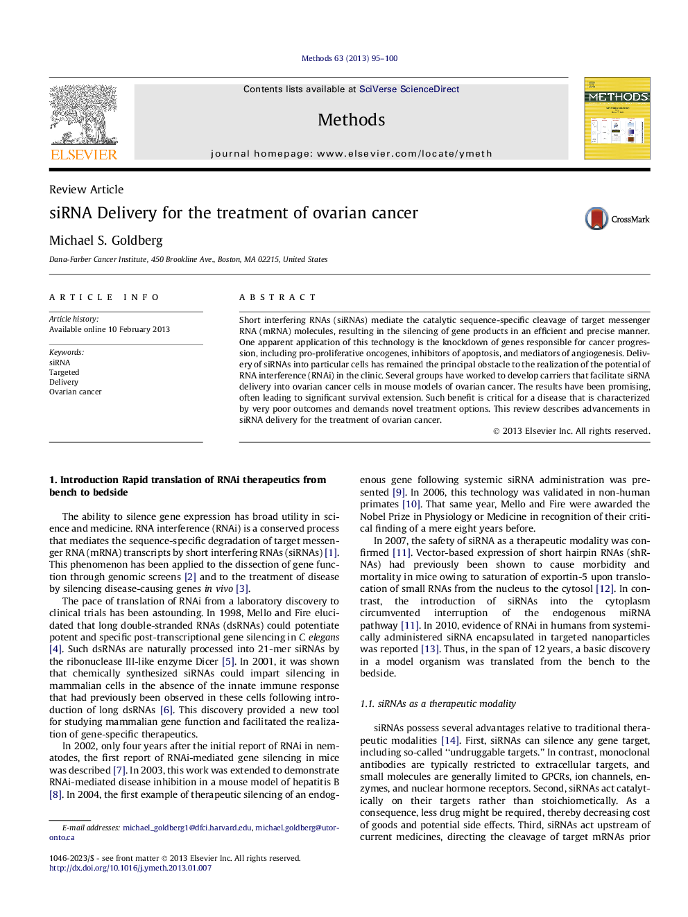 siRNA Delivery for the treatment of ovarian cancer