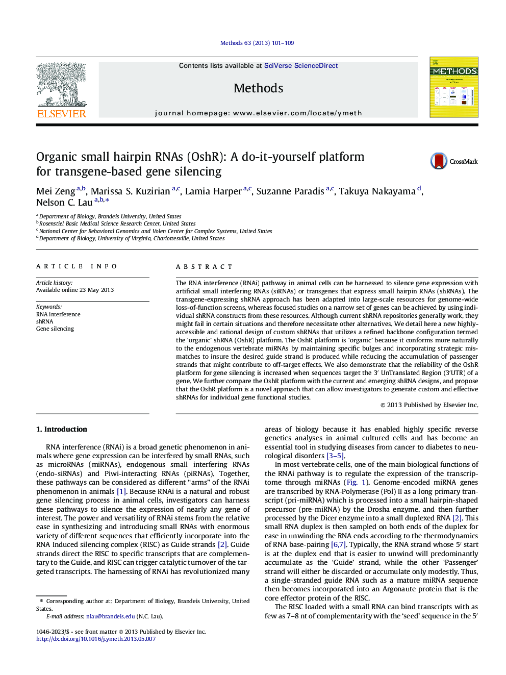 Organic small hairpin RNAs (OshR): A do-it-yourself platform for transgene-based gene silencing