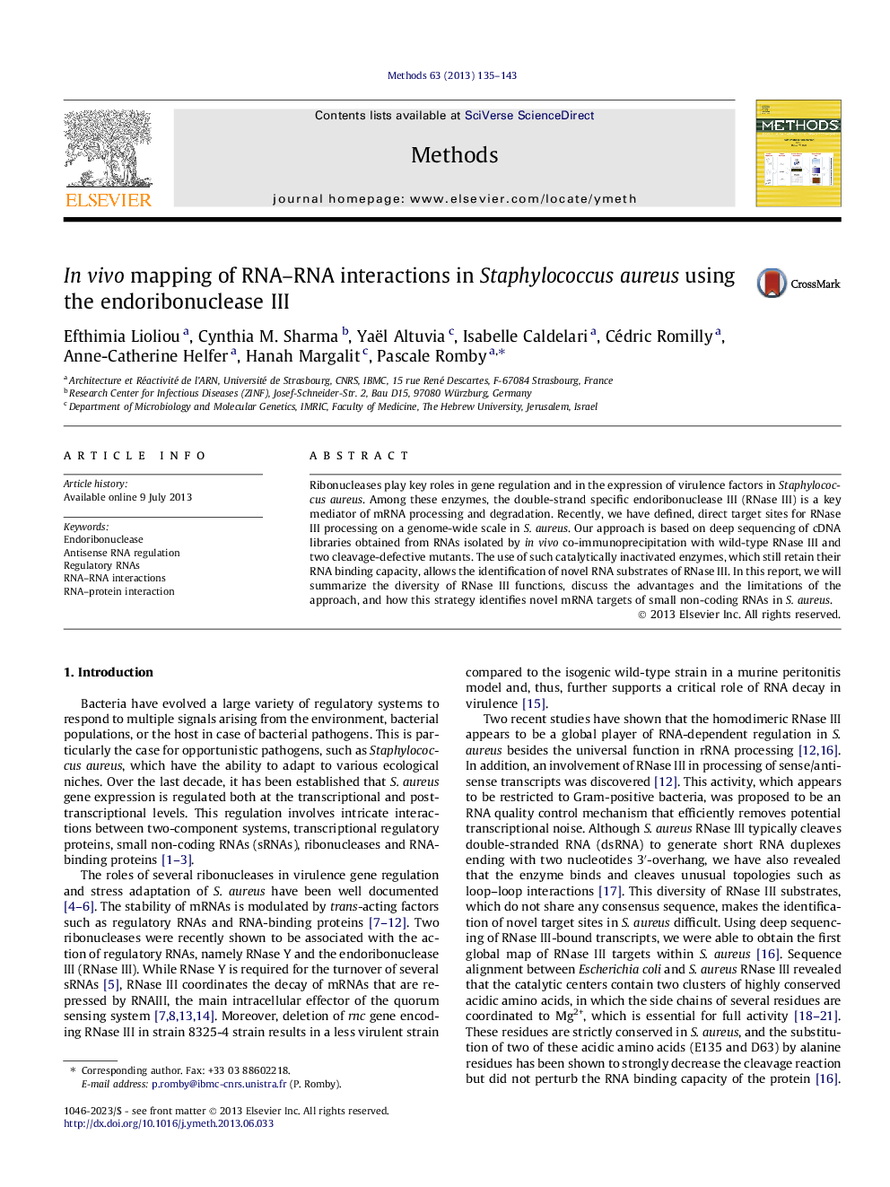 In vivo mapping of RNA–RNA interactions in Staphylococcus aureus using the endoribonuclease III