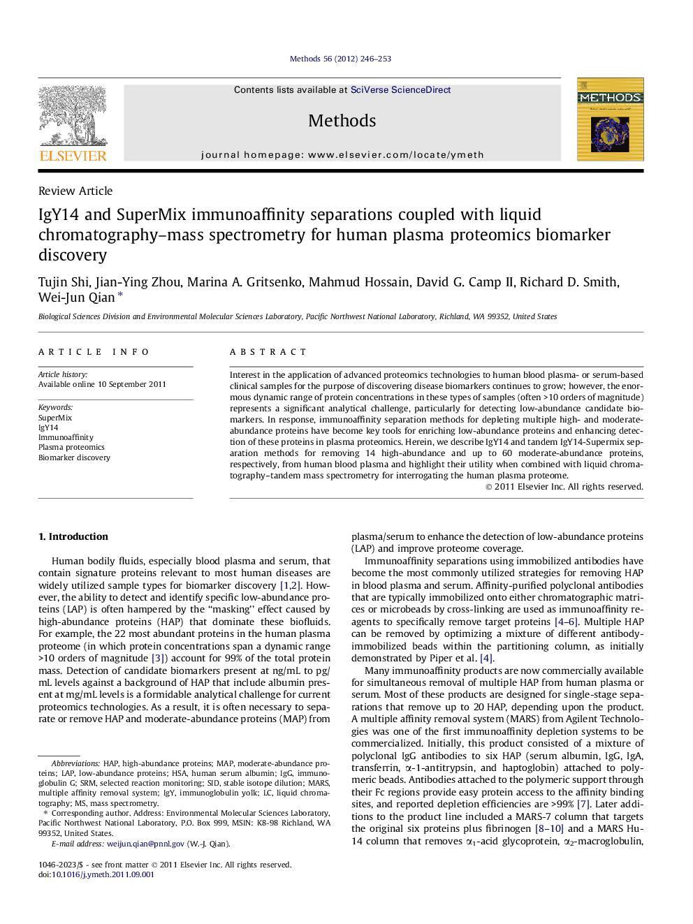 IgY14 and SuperMix immunoaffinity separations coupled with liquid chromatography–mass spectrometry for human plasma proteomics biomarker discovery