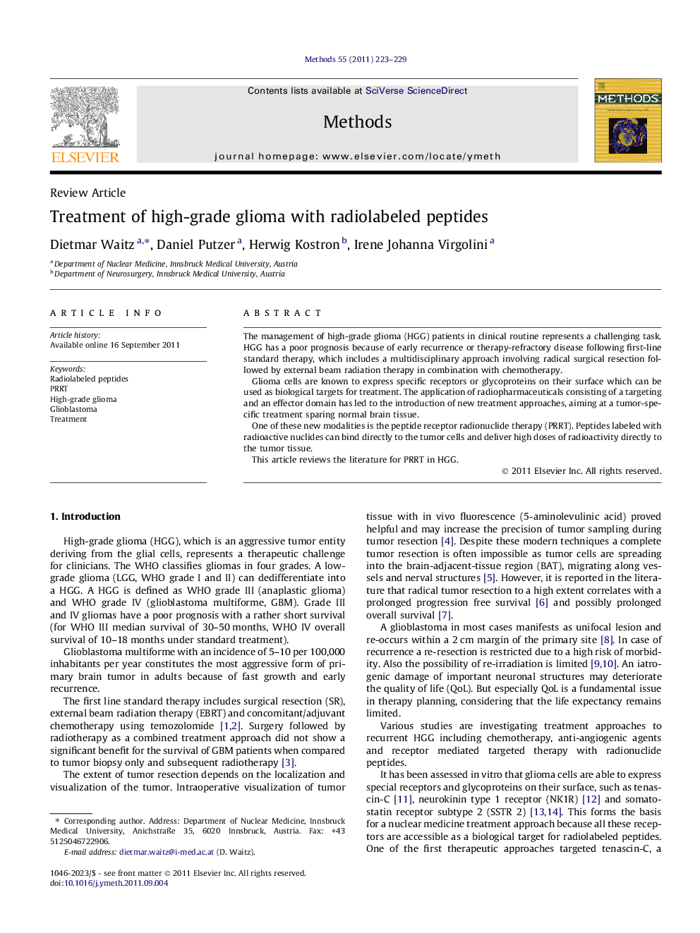 Treatment of high-grade glioma with radiolabeled peptides