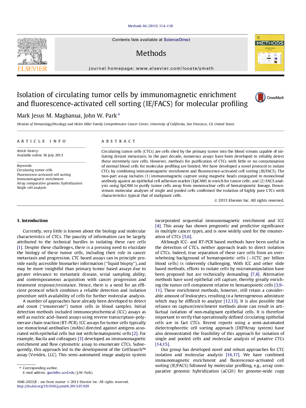 Isolation of circulating tumor cells by immunomagnetic enrichment and fluorescence-activated cell sorting (IE/FACS) for molecular profiling