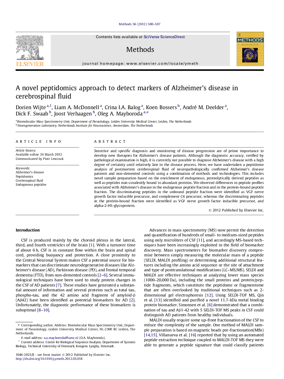 A novel peptidomics approach to detect markers of Alzheimer’s disease in cerebrospinal fluid