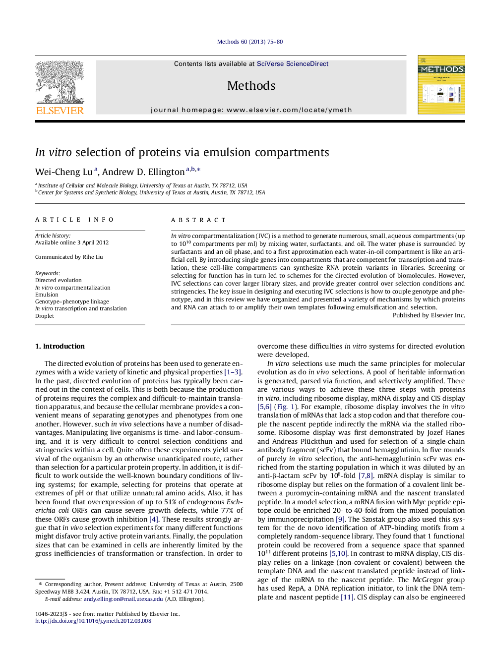 In vitro selection of proteins via emulsion compartments