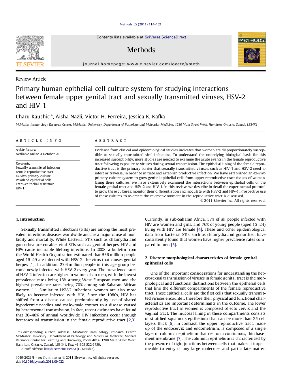 Primary human epithelial cell culture system for studying interactions between female upper genital tract and sexually transmitted viruses, HSV-2 and HIV-1