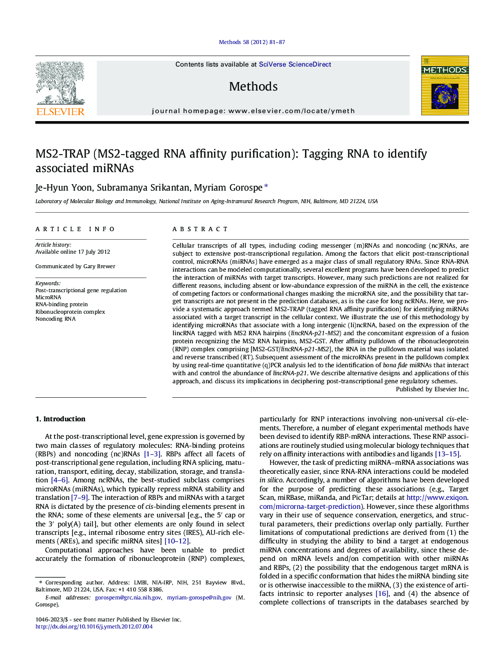 MS2-TRAP (MS2-tagged RNA affinity purification): Tagging RNA to identify associated miRNAs