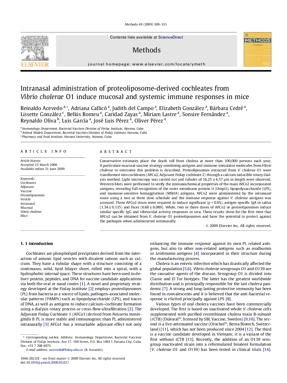 Intranasal administration of proteoliposome-derived cochleates from Vibrio cholerae O1 induce mucosal and systemic immune responses in mice