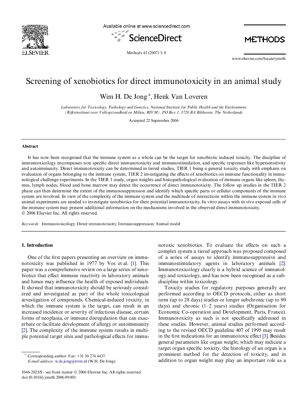 Screening of xenobiotics for direct immunotoxicity in an animal study