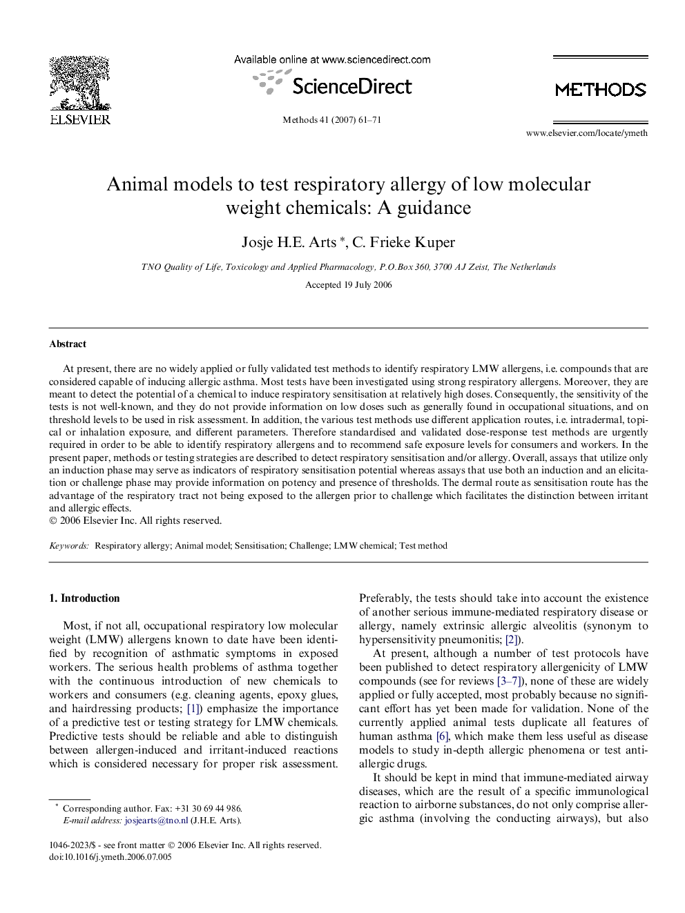 Animal models to test respiratory allergy of low molecular weight chemicals: A guidance