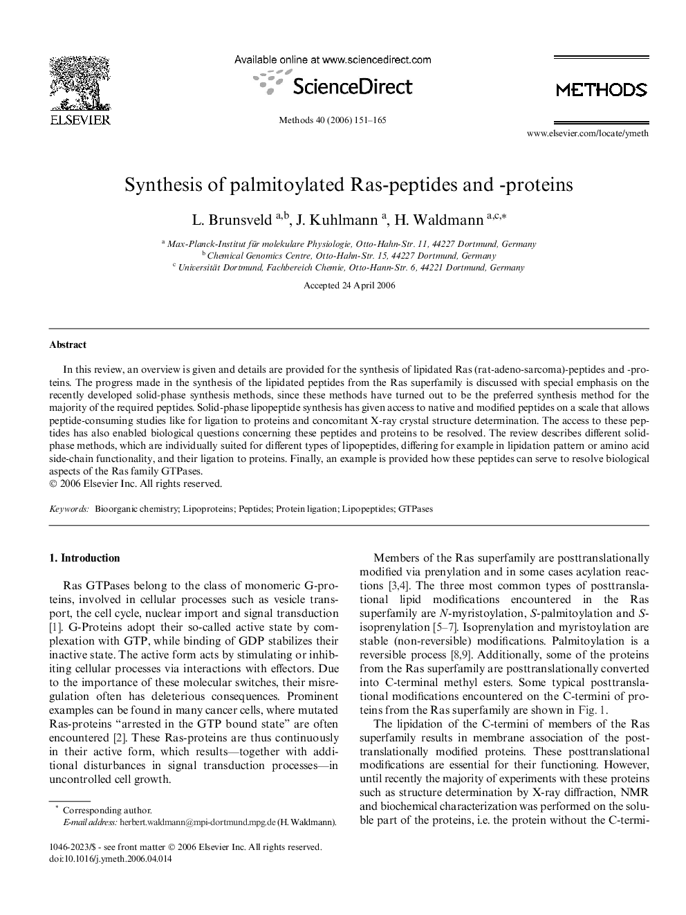 Synthesis of palmitoylated Ras-peptides and -proteins