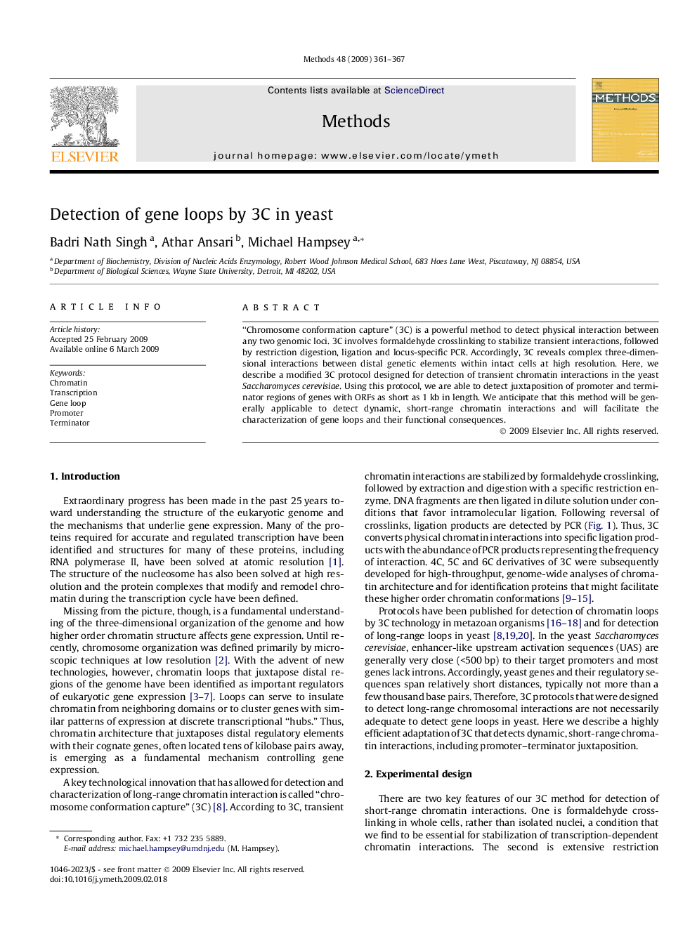 Detection of gene loops by 3C in yeast