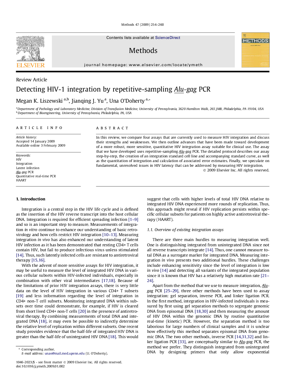 Detecting HIV-1 integration by repetitive-sampling Alu-gag PCR