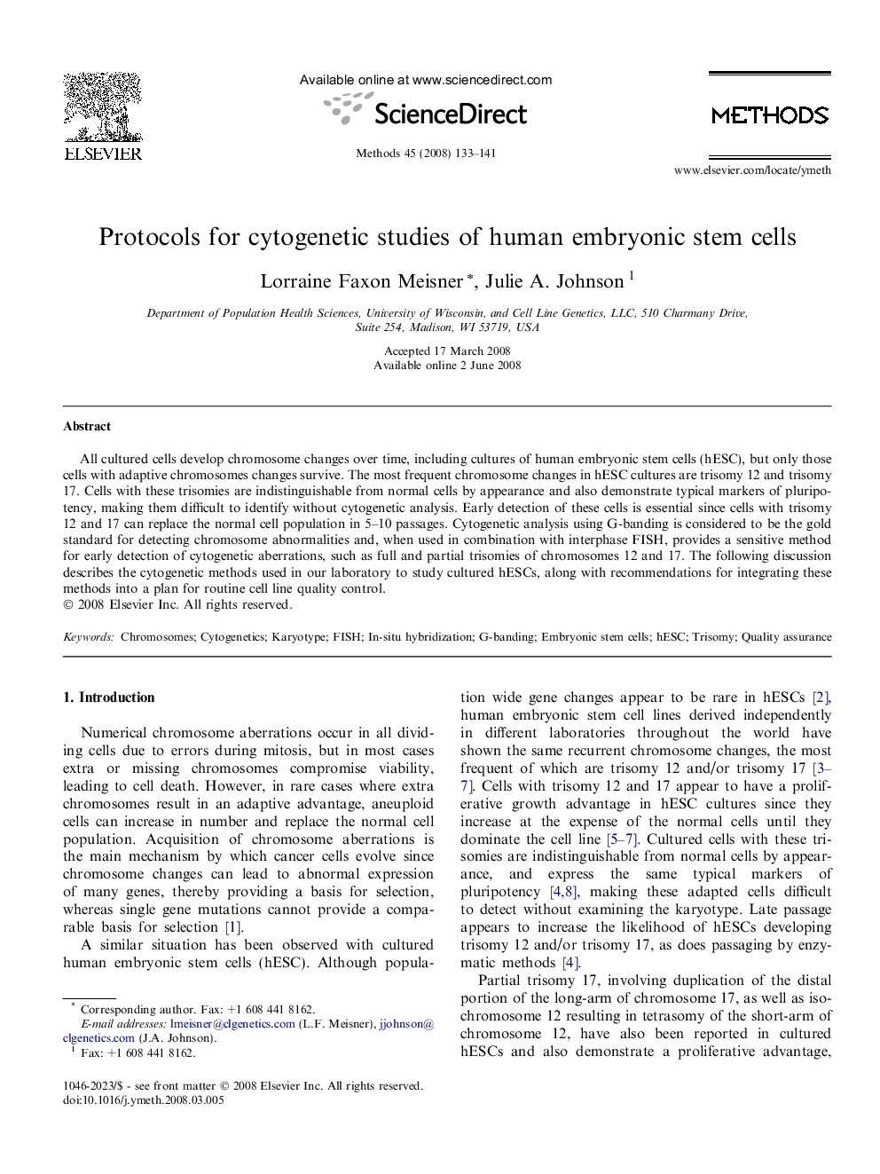 Protocols for cytogenetic studies of human embryonic stem cells