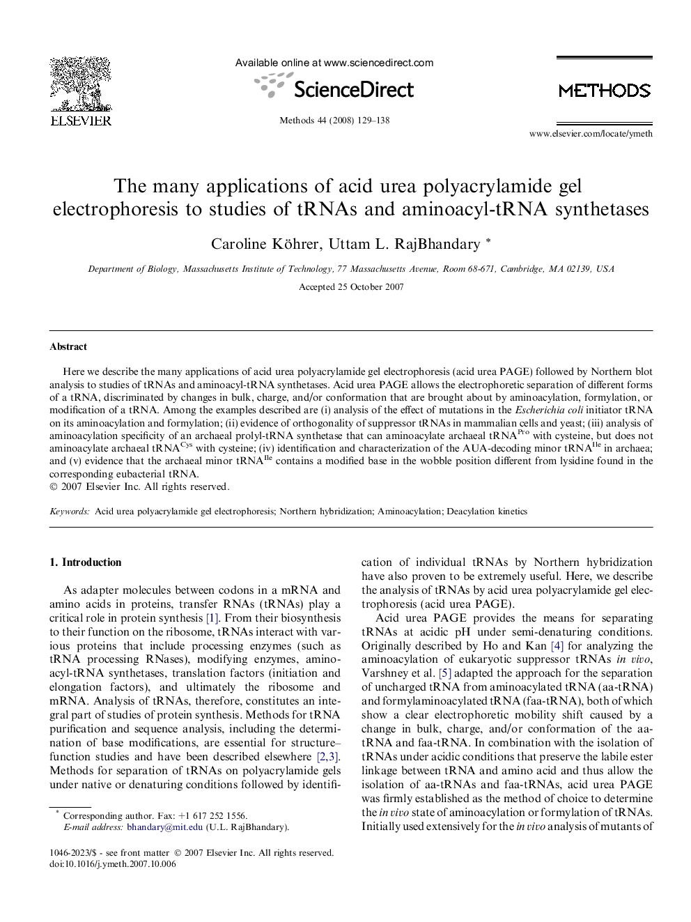 The many applications of acid urea polyacrylamide gel electrophoresis to studies of tRNAs and aminoacyl-tRNA synthetases