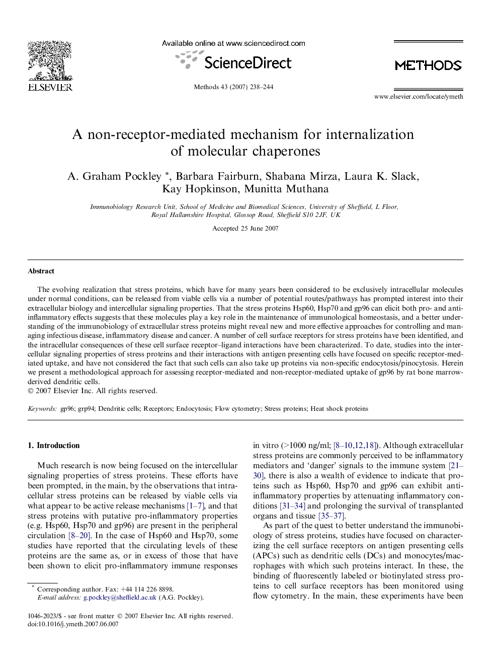 A non-receptor-mediated mechanism for internalization of molecular chaperones