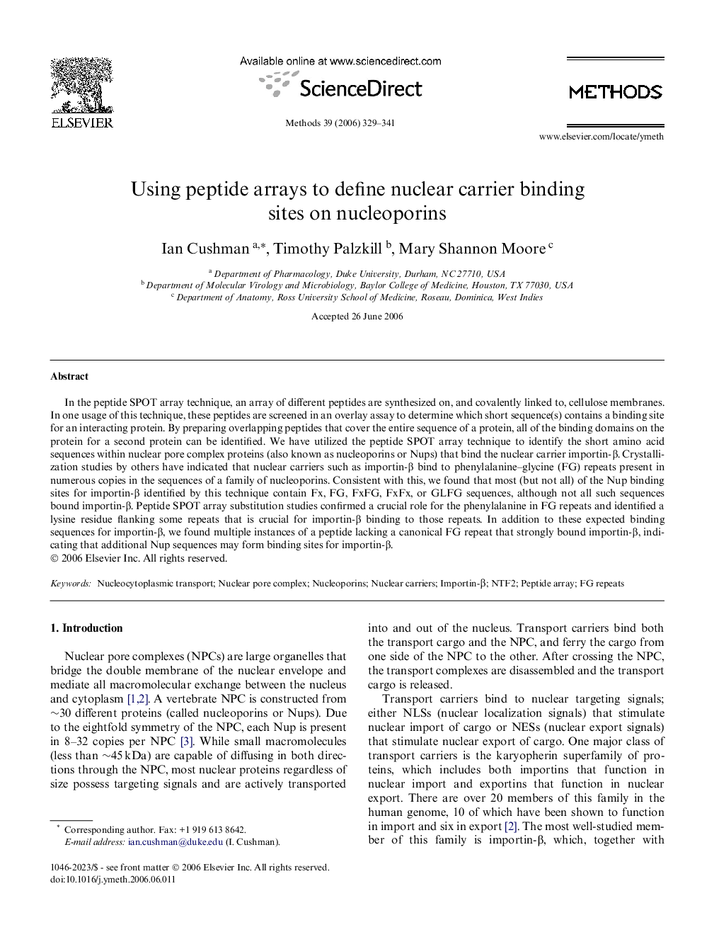 Using peptide arrays to define nuclear carrier binding sites on nucleoporins