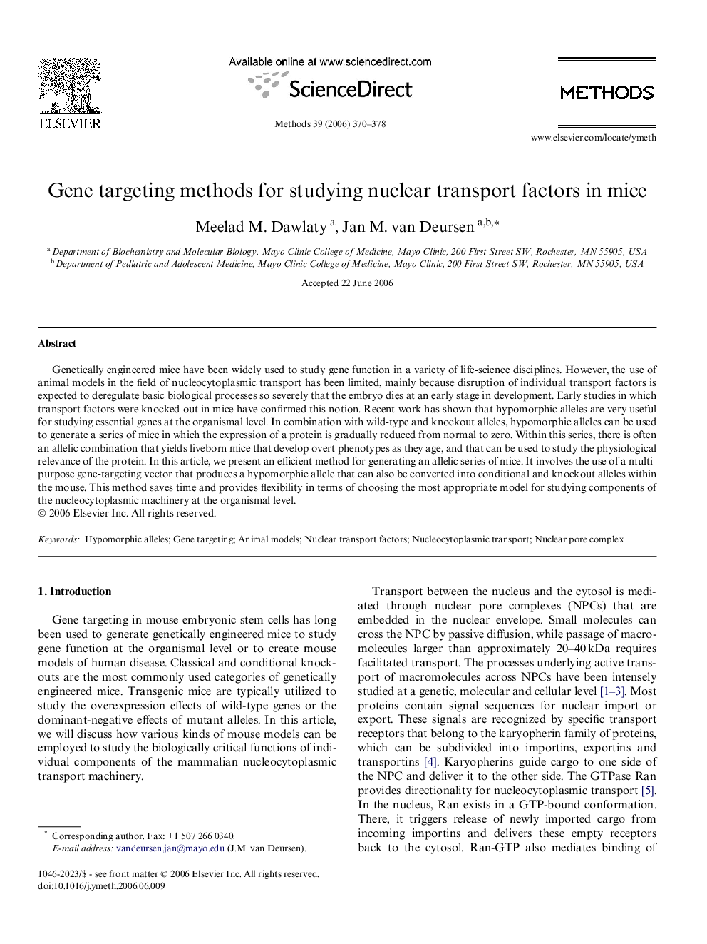 Gene targeting methods for studying nuclear transport factors in mice