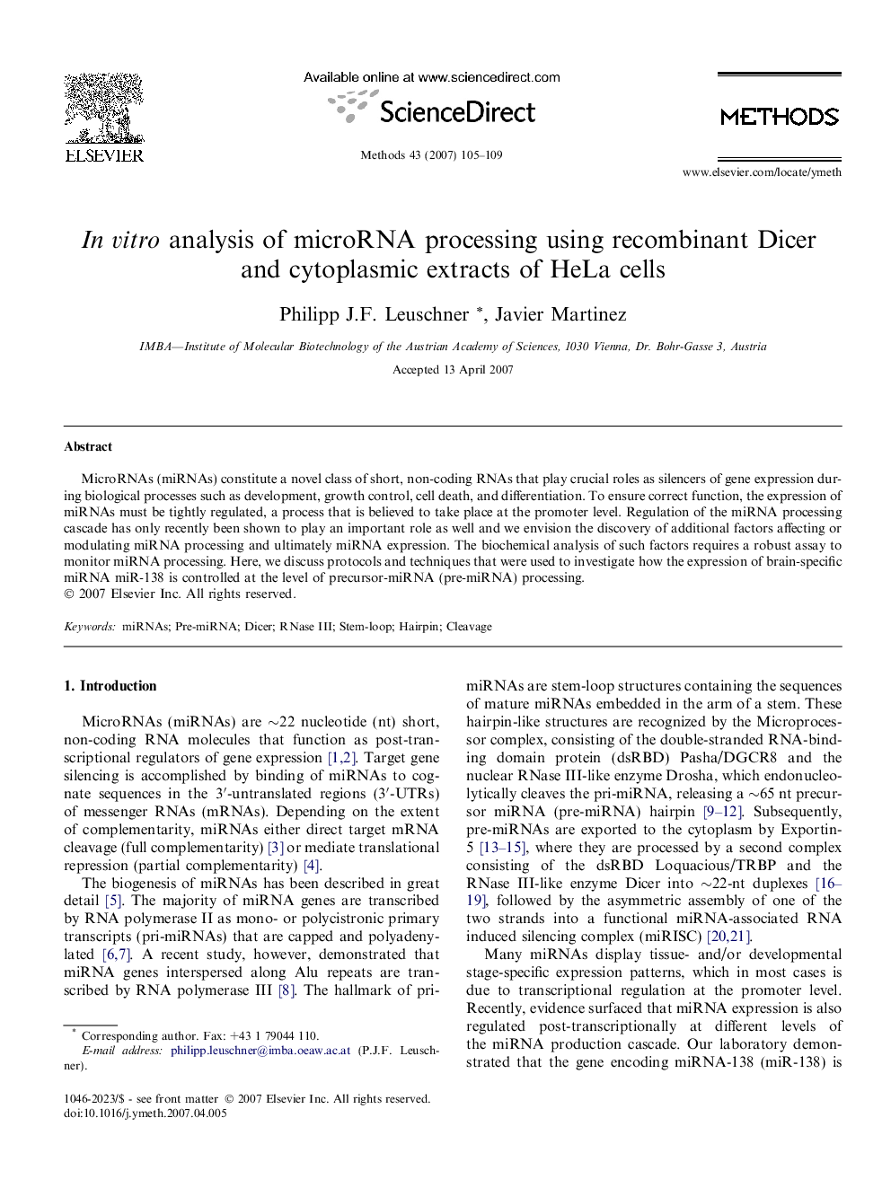 In vitro analysis of microRNA processing using recombinant Dicer and cytoplasmic extracts of HeLa cells