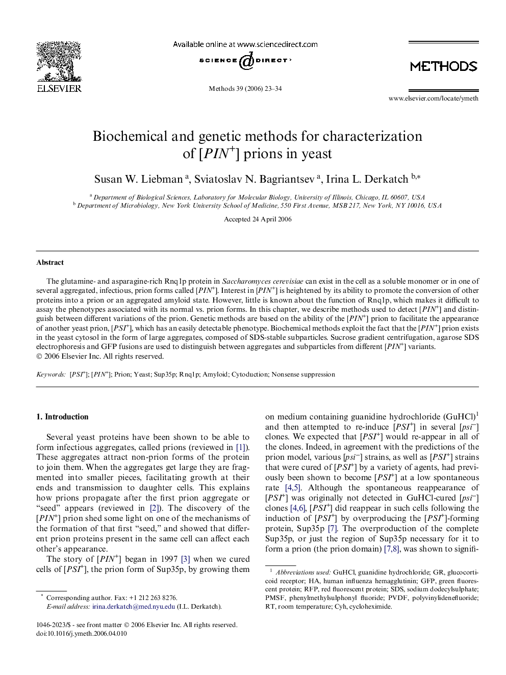 Biochemical and genetic methods for characterization of [PIN+] prions in yeast