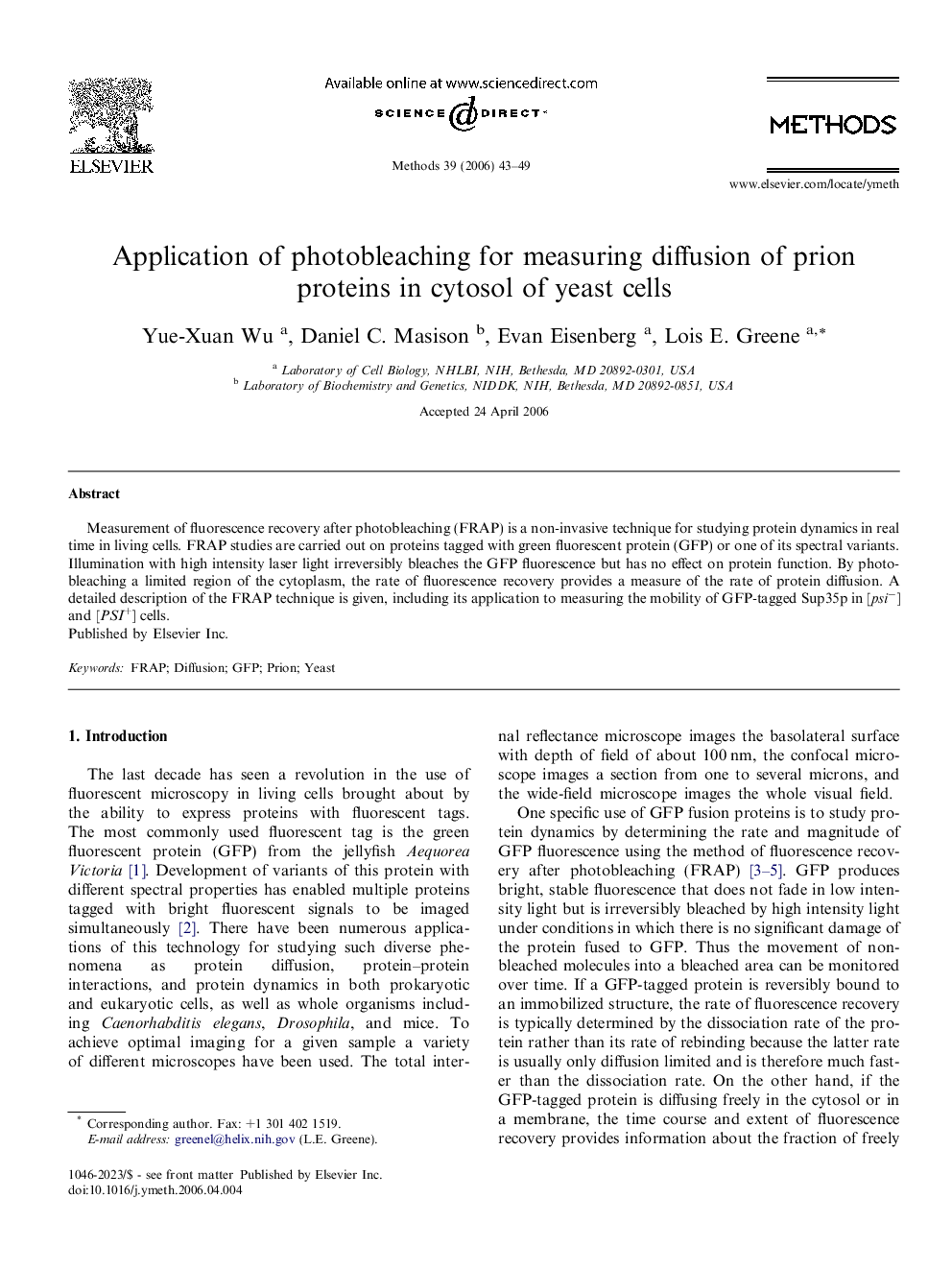 Application of photobleaching for measuring diffusion of prion proteins in cytosol of yeast cells