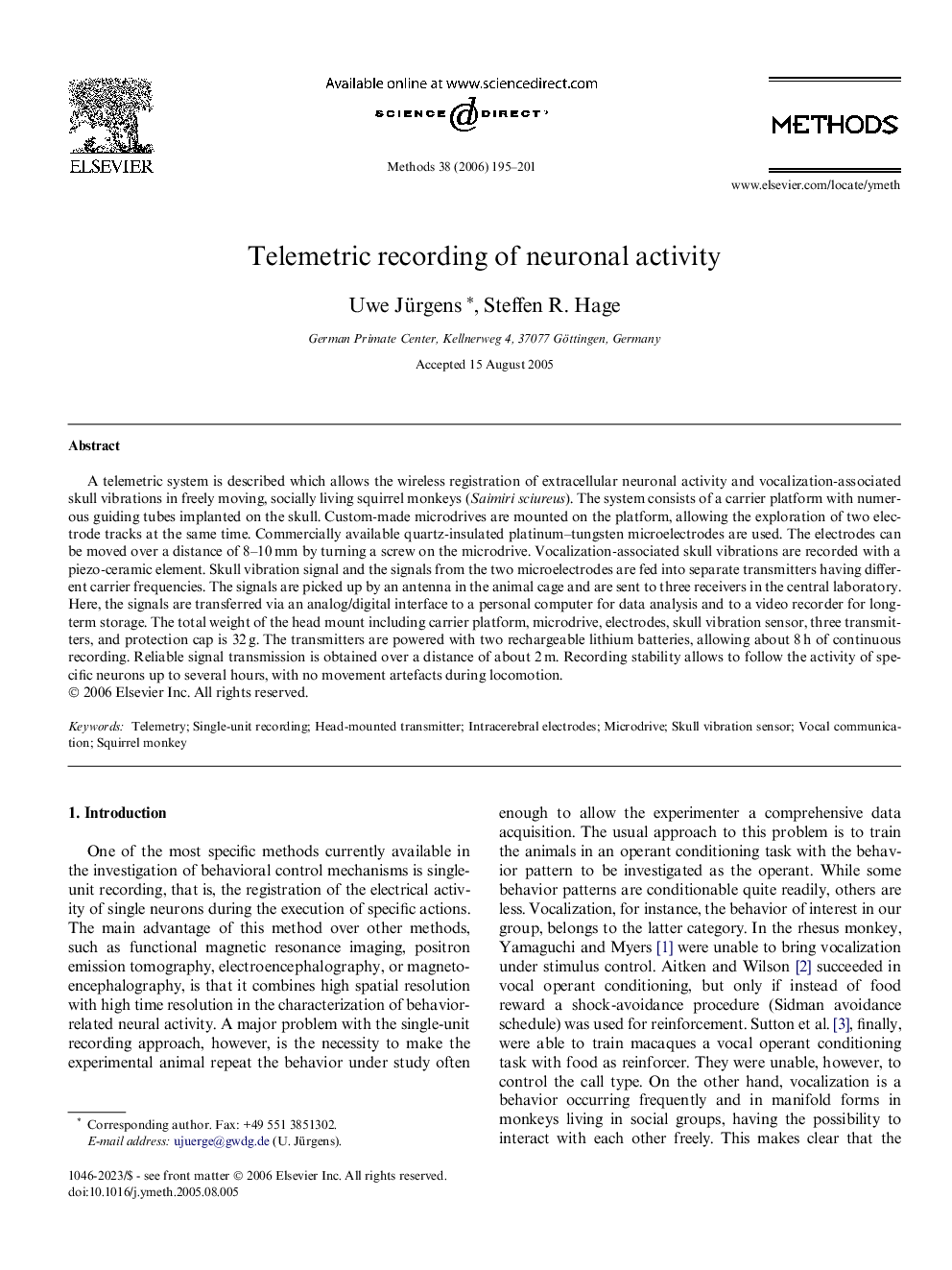 Telemetric recording of neuronal activity