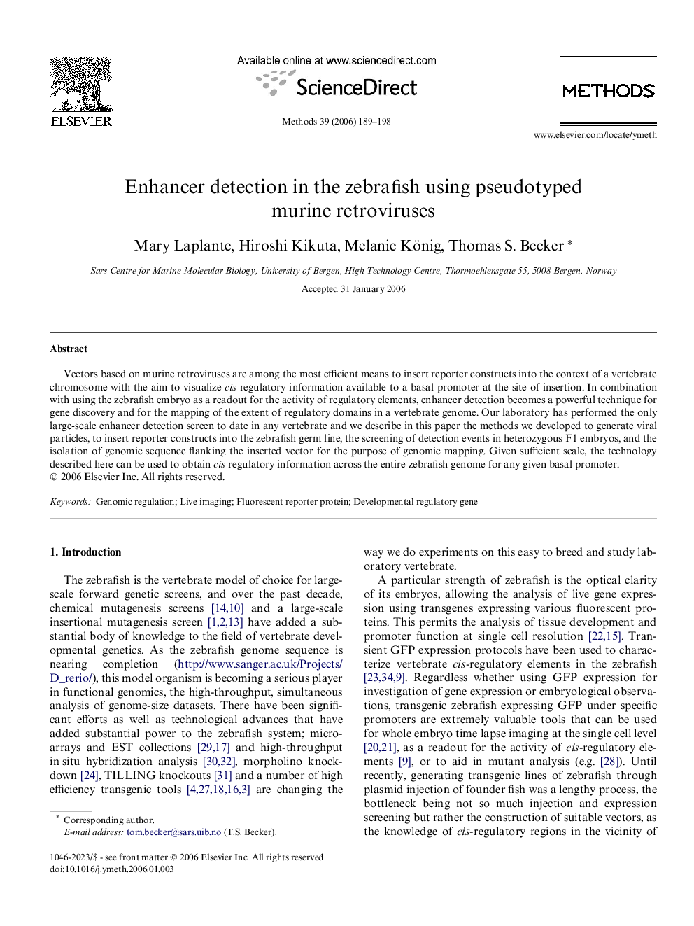 Enhancer detection in the zebrafish using pseudotyped murine retroviruses