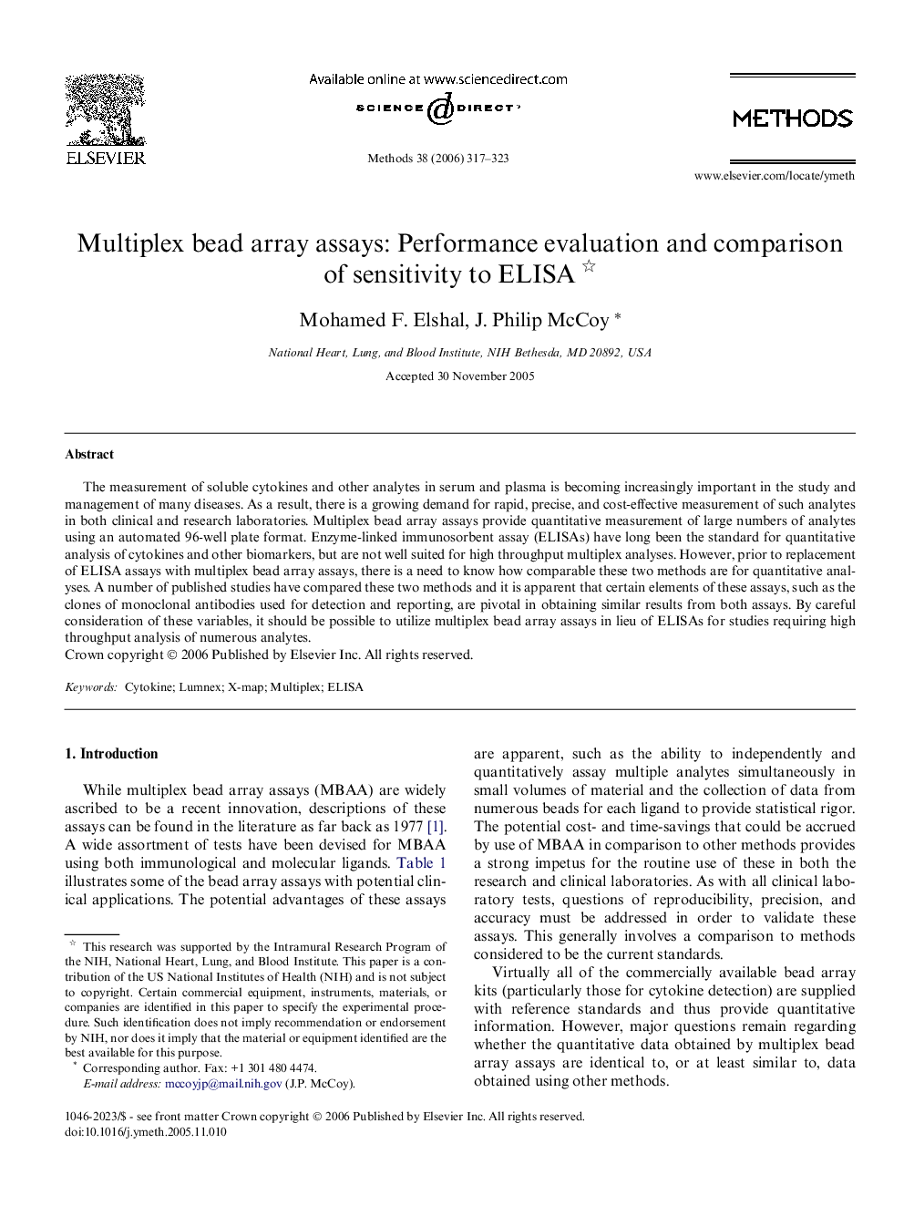 Multiplex bead array assays: Performance evaluation and comparison of sensitivity to ELISA 