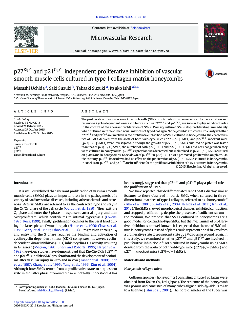p27Kip1 and p21Cip1-independent proliferative inhibition of vascular smooth muscle cells cultured in type-I collagen matrix honeycombs
