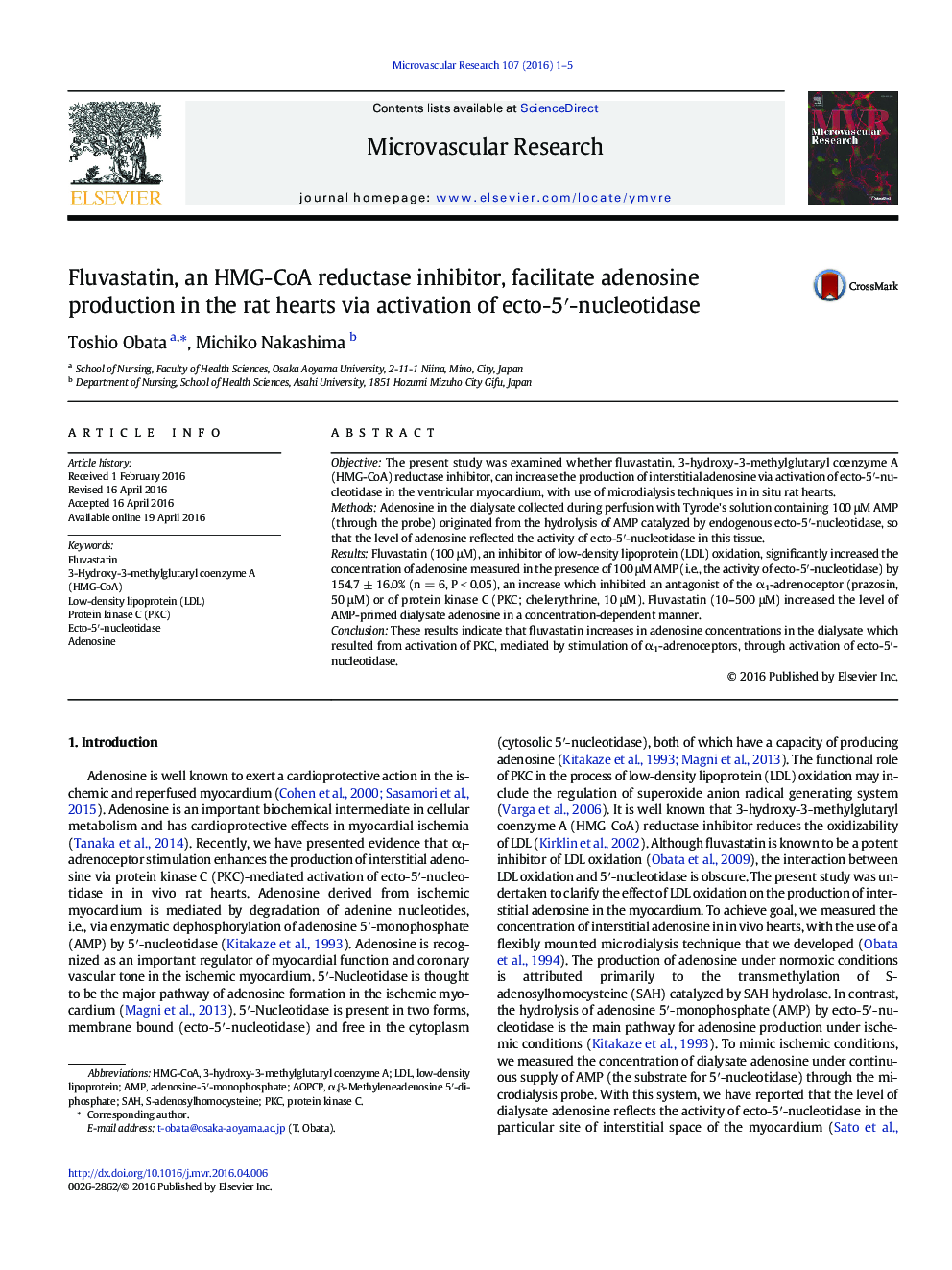 Fluvastatin, an HMG-CoA reductase inhibitor, facilitate adenosine production in the rat hearts via activation of ecto-5′-nucleotidase