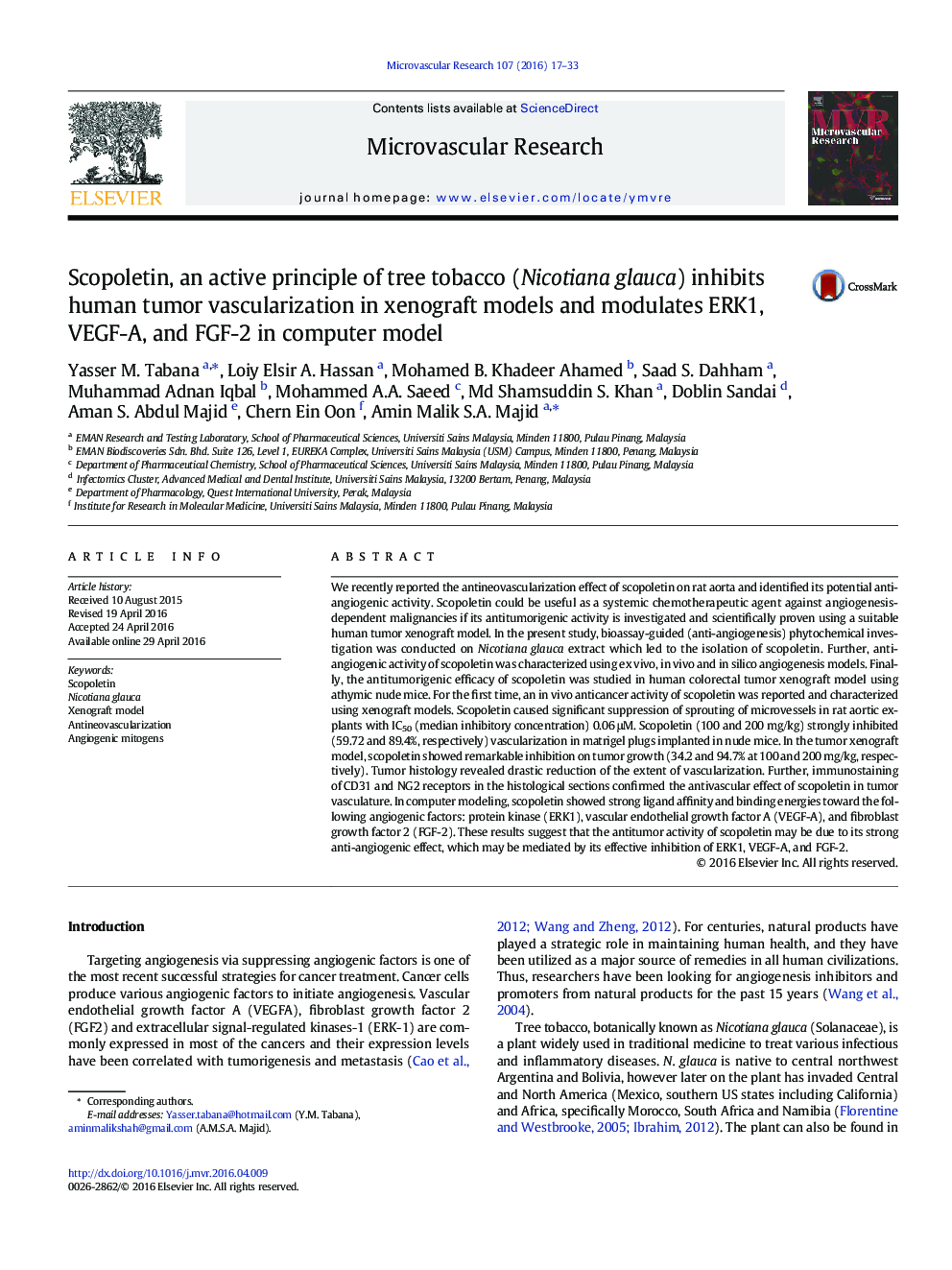 Scopoletin, an active principle of tree tobacco (Nicotiana glauca) inhibits human tumor vascularization in xenograft models and modulates ERK1, VEGF-A, and FGF-2 in computer model