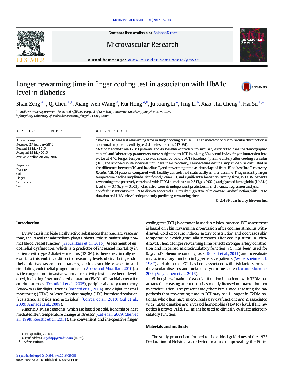 Longer rewarming time in finger cooling test in association with HbA1c level in diabetics