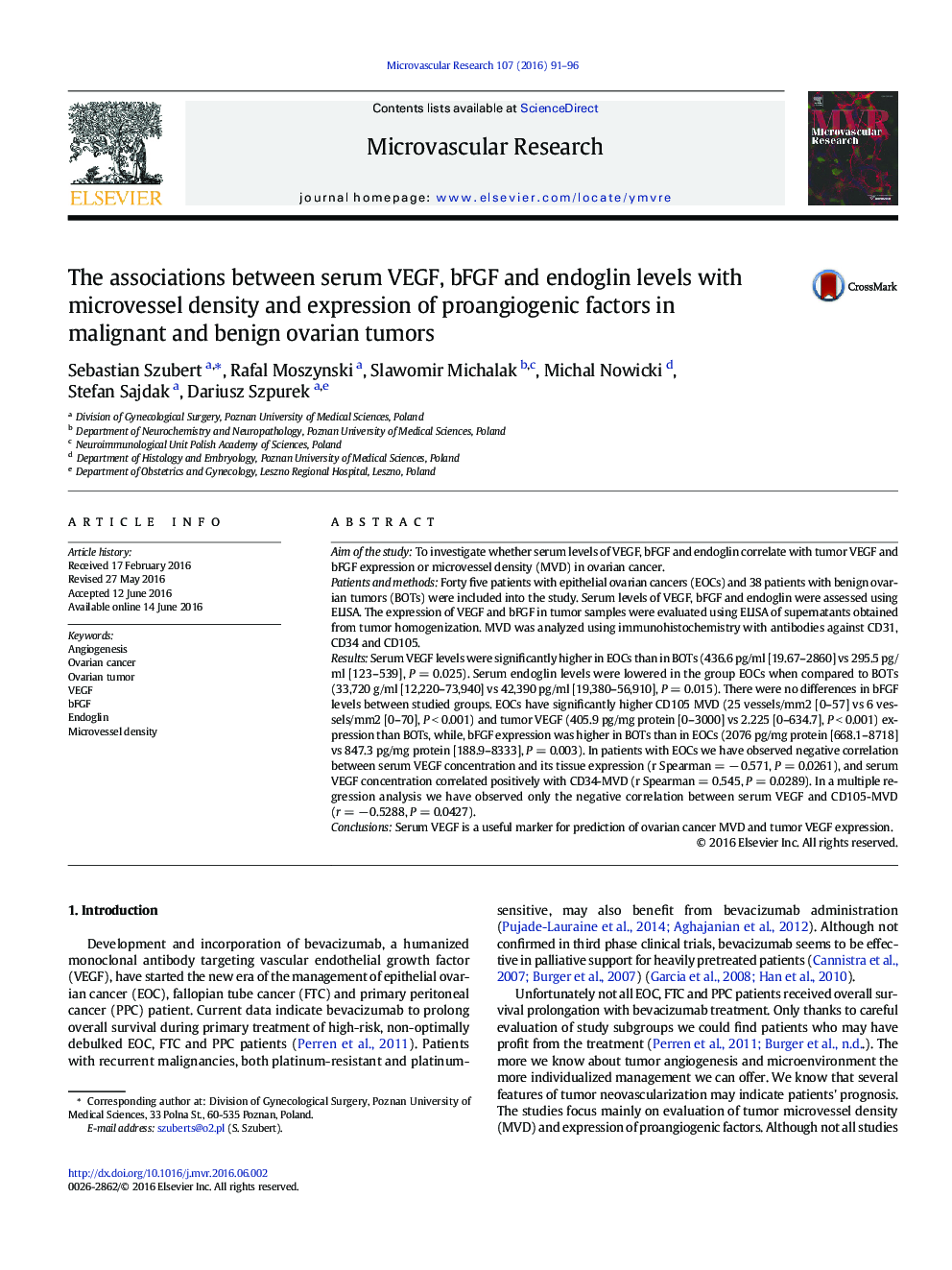 The associations between serum VEGF, bFGF and endoglin levels with microvessel density and expression of proangiogenic factors in malignant and benign ovarian tumors