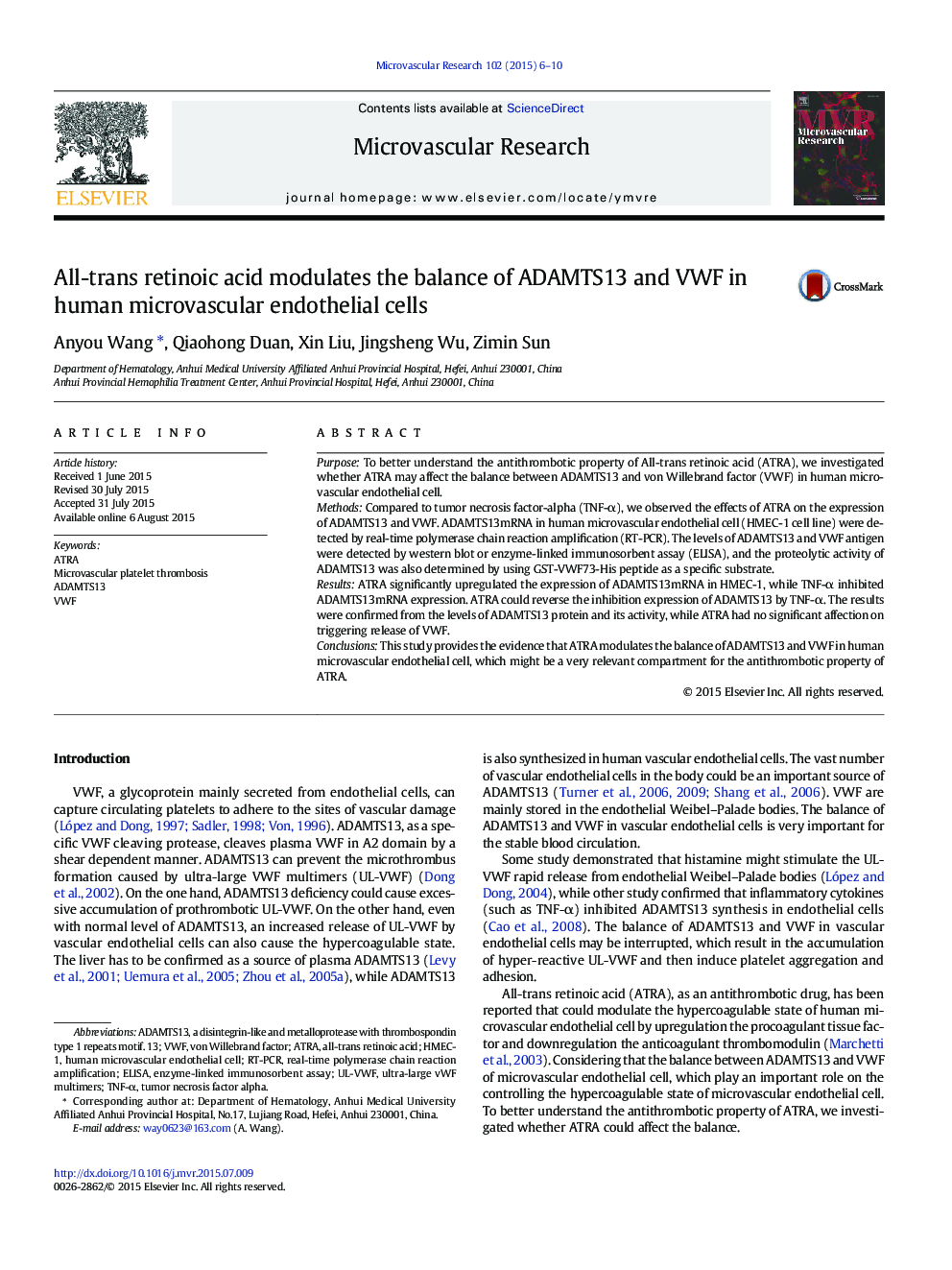 All-trans retinoic acid modulates the balance of ADAMTS13 and VWF in human microvascular endothelial cells