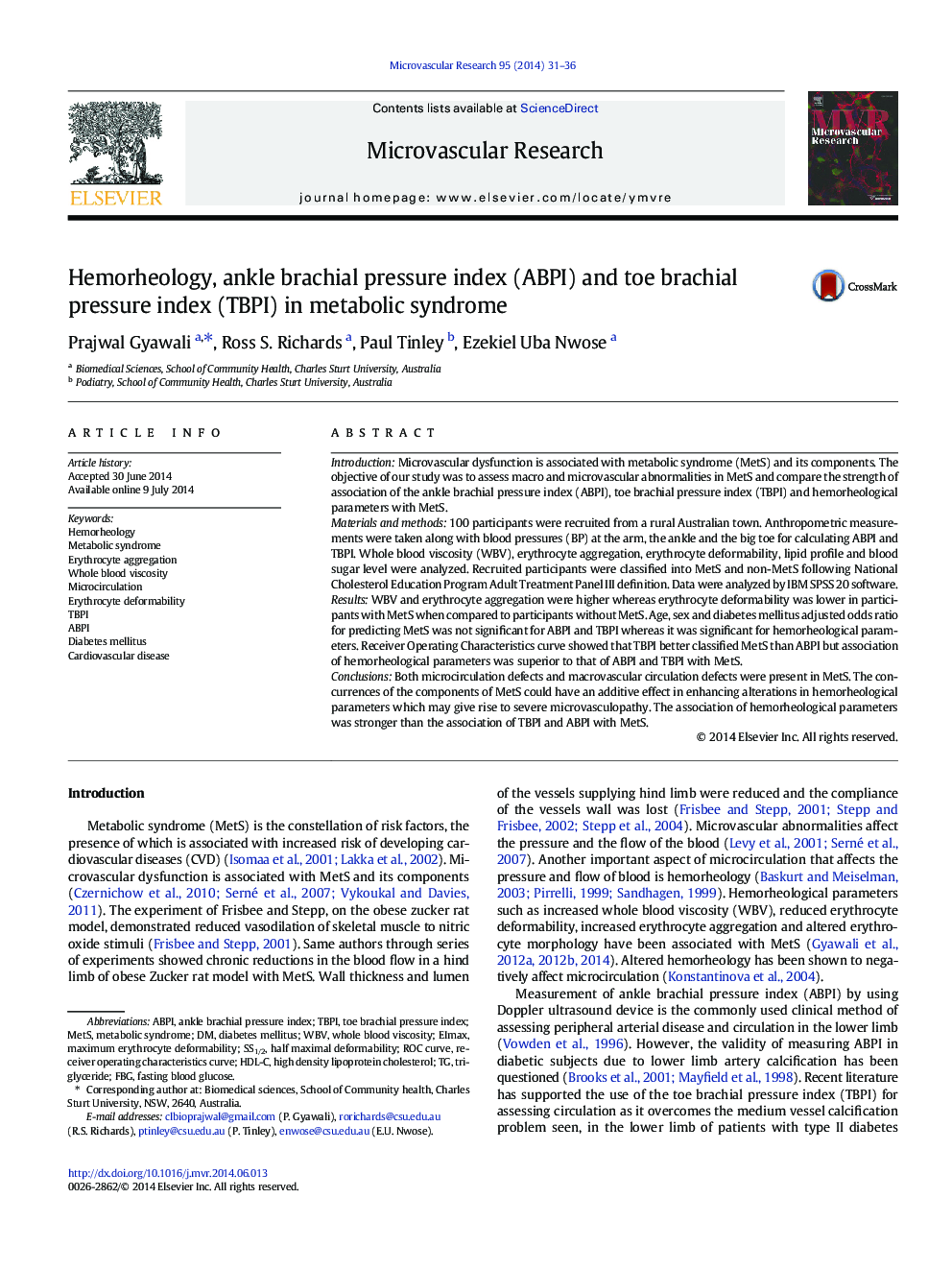 Hemorheology, ankle brachial pressure index (ABPI) and toe brachial pressure index (TBPI) in metabolic syndrome