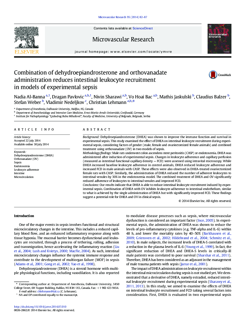 Combination of dehydroepiandrosterone and orthovanadate administration reduces intestinal leukocyte recruitment in models of experimental sepsis