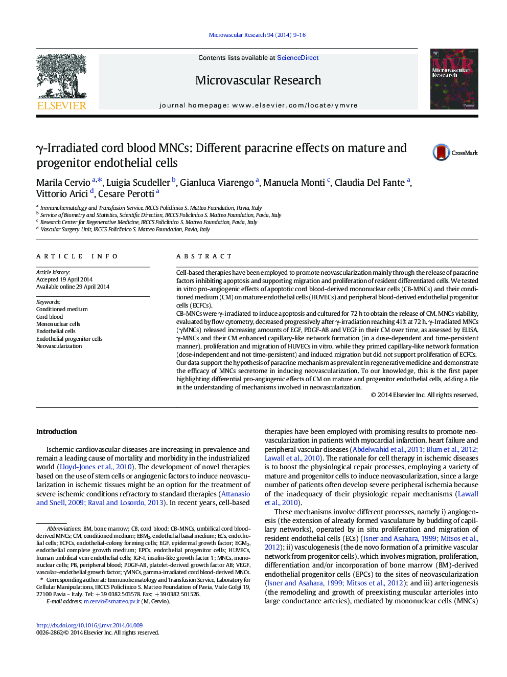 γ-Irradiated cord blood MNCs: Different paracrine effects on mature and progenitor endothelial cells