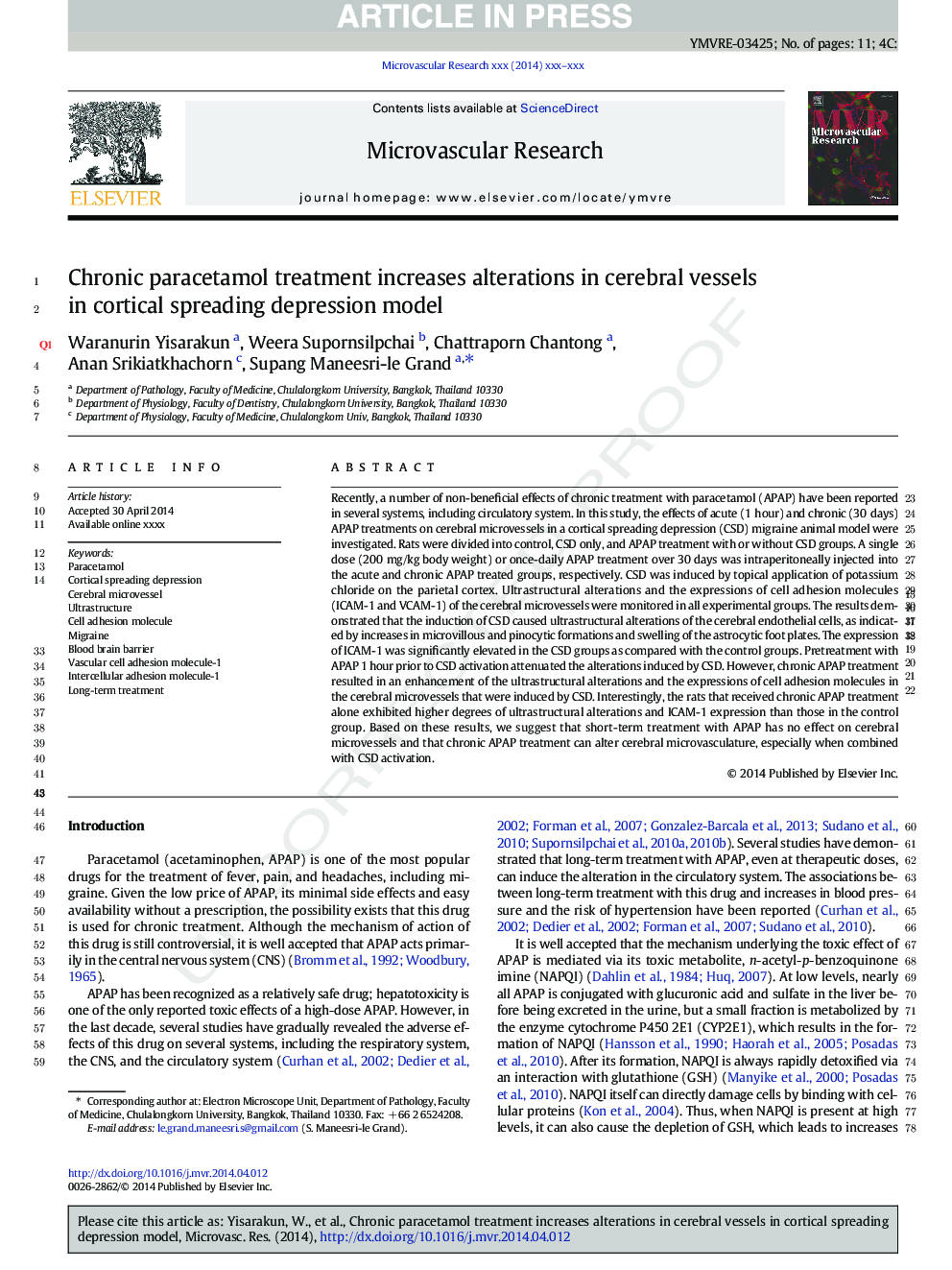 Chronic paracetamol treatment increases alterations in cerebral vessels in cortical spreading depression model