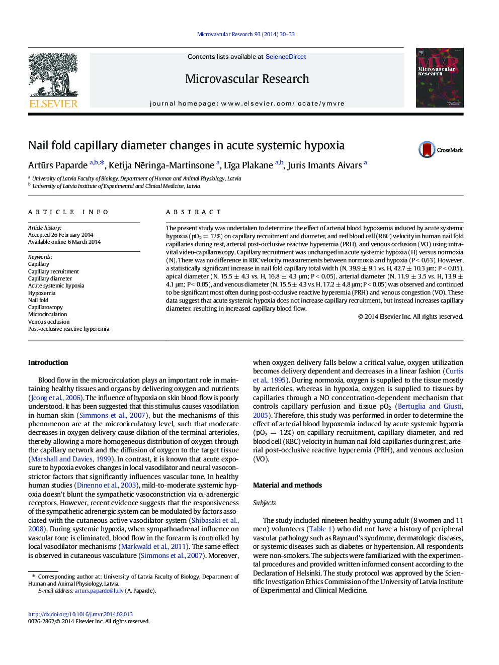 Nail fold capillary diameter changes in acute systemic hypoxia