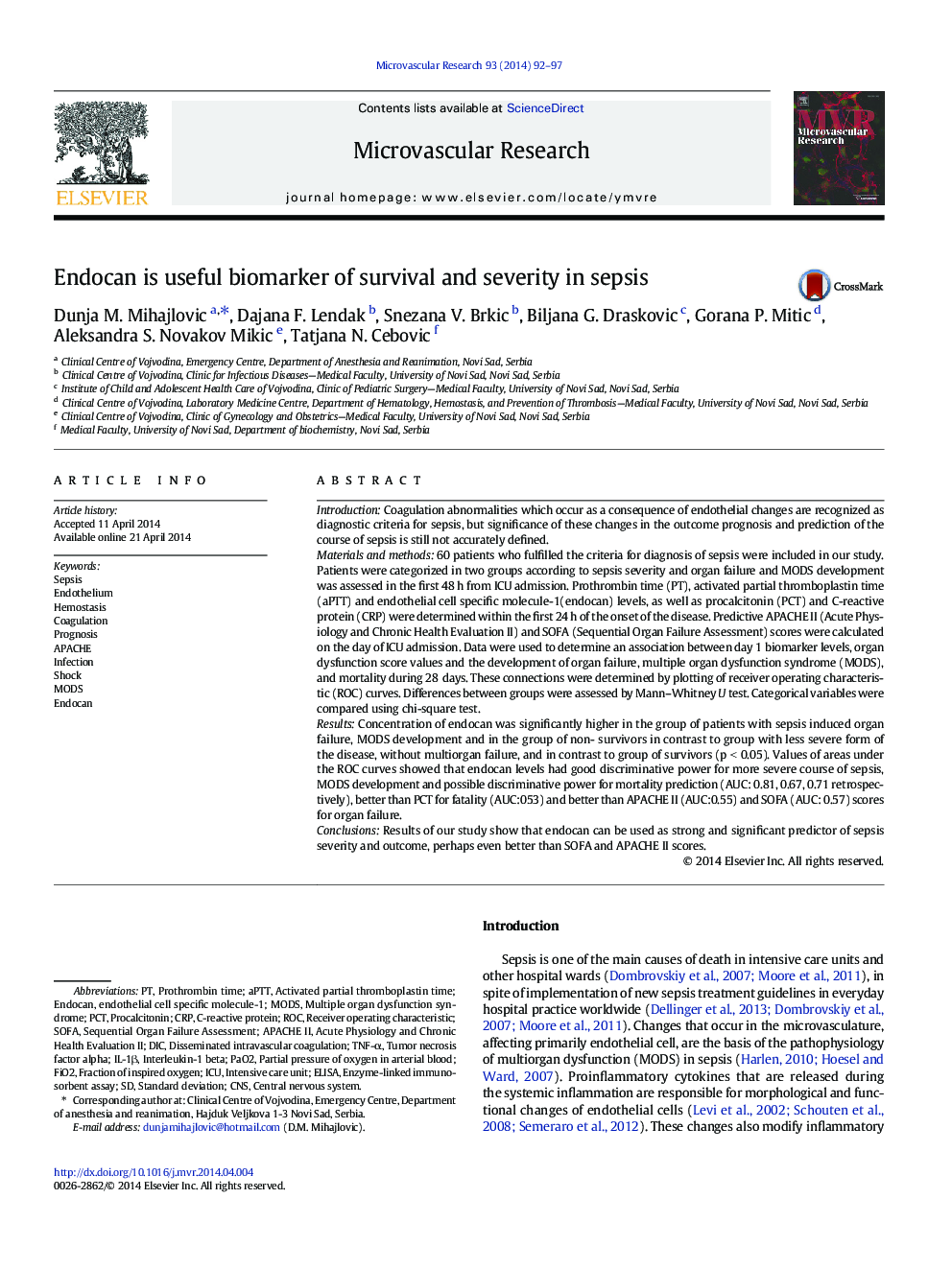 Endocan is useful biomarker of survival and severity in sepsis