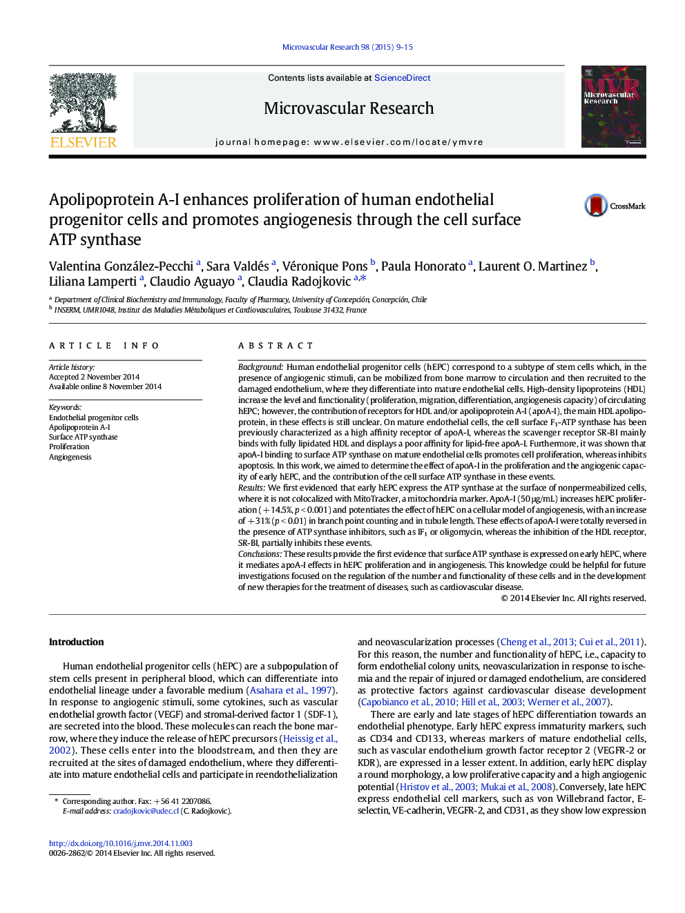 Apolipoprotein A-I enhances proliferation of human endothelial progenitor cells and promotes angiogenesis through the cell surface ATP synthase