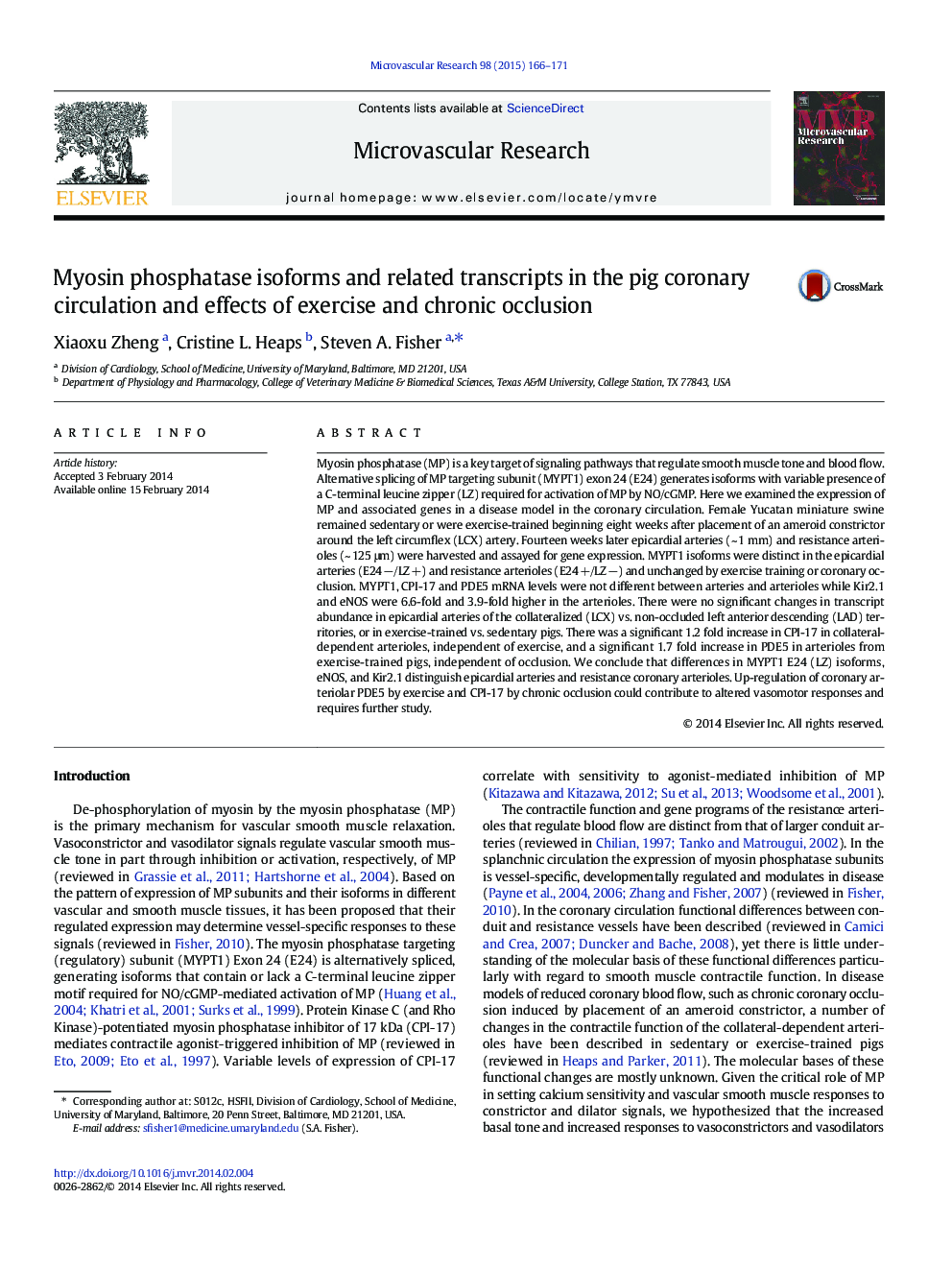 Myosin phosphatase isoforms and related transcripts in the pig coronary circulation and effects of exercise and chronic occlusion