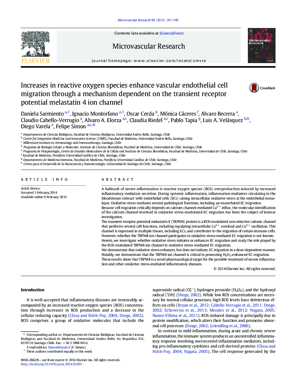 Increases in reactive oxygen species enhance vascular endothelial cell migration through a mechanism dependent on the transient receptor potential melastatin 4 ion channel