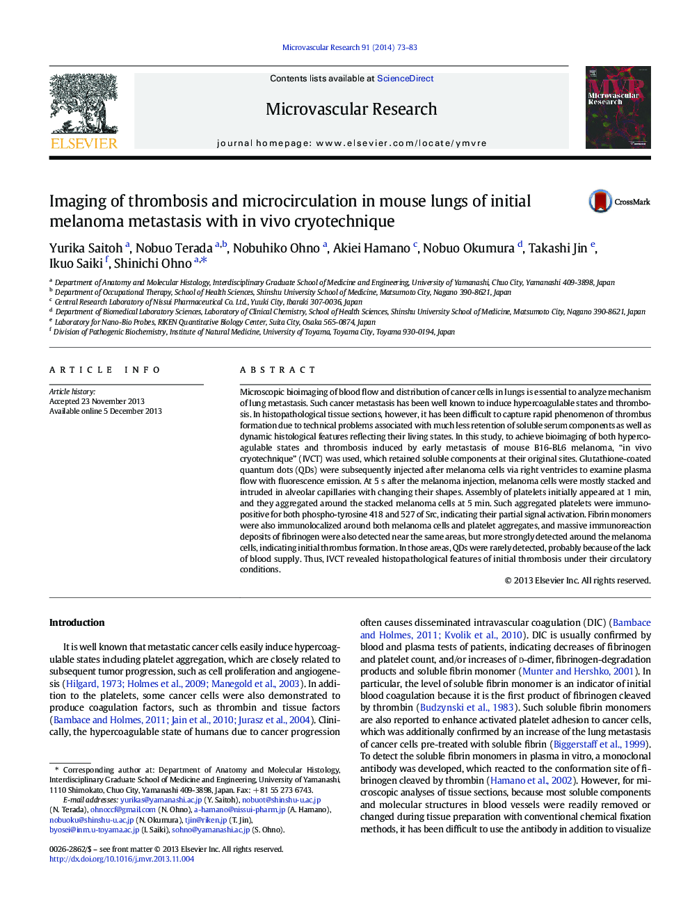 Imaging of thrombosis and microcirculation in mouse lungs of initial melanoma metastasis with in vivo cryotechnique