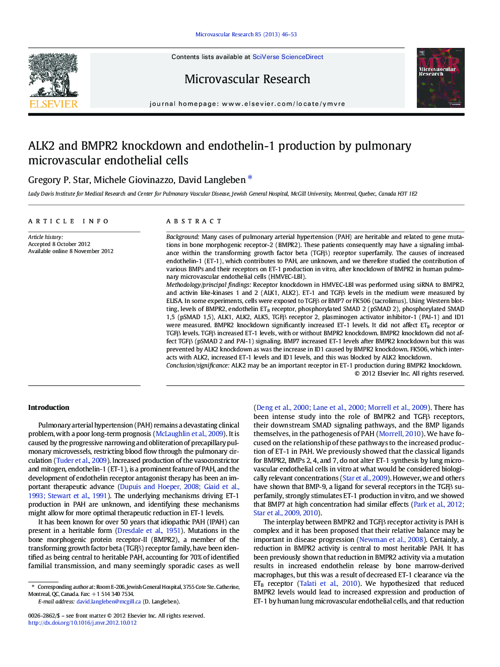 ALK2 and BMPR2 knockdown and endothelin-1 production by pulmonary microvascular endothelial cells