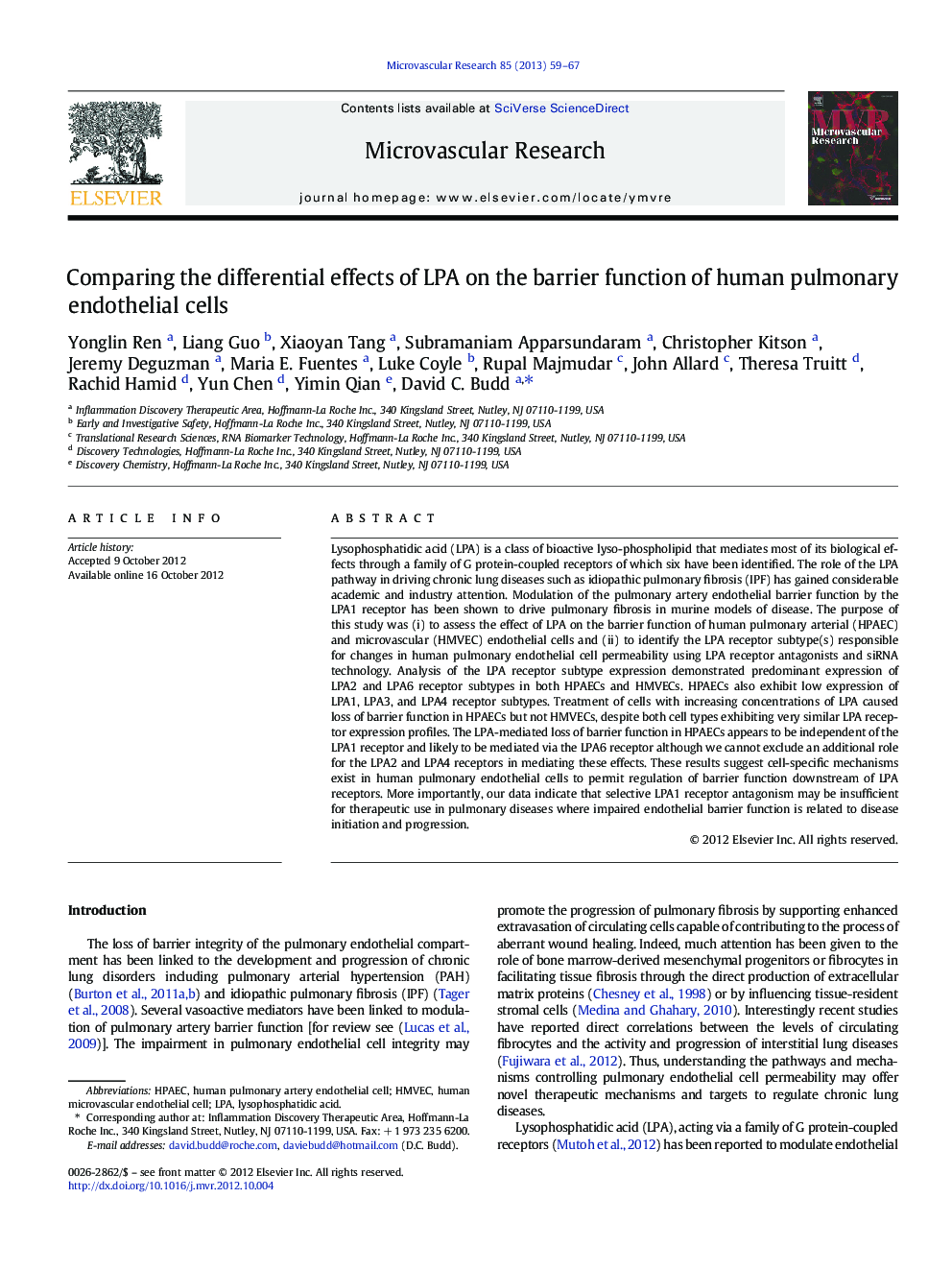 Comparing the differential effects of LPA on the barrier function of human pulmonary endothelial cells