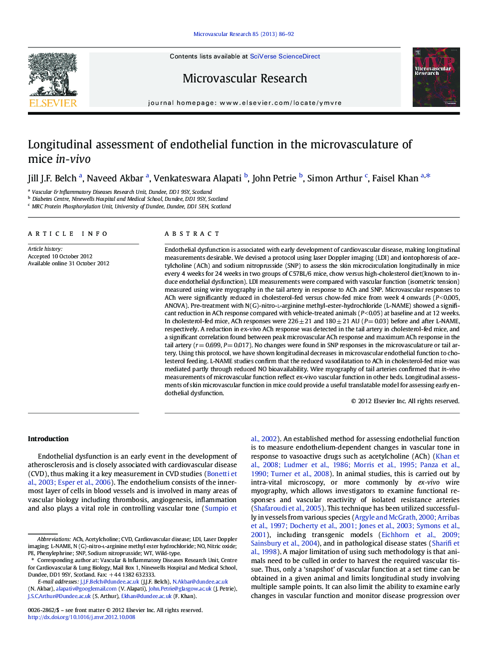 Longitudinal assessment of endothelial function in the microvasculature of mice in-vivo